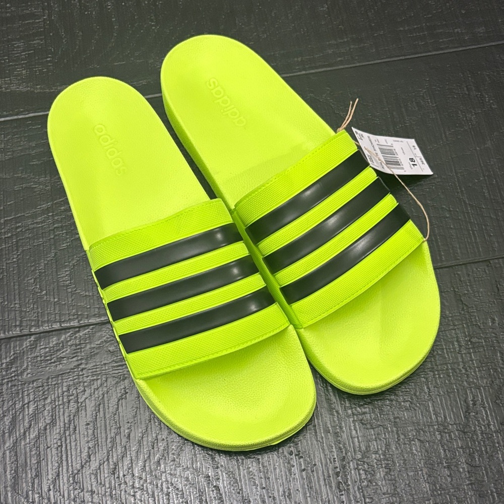 Adidas Bright Green Slides with Black Stripes